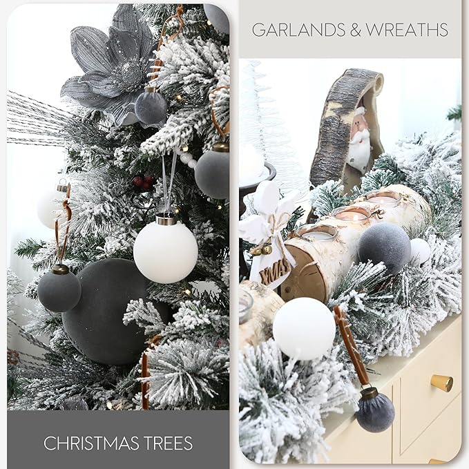 Sea Team 16-Pack Flocked Velvet Christmas Tree Ball Ornaments Set, Hanging Velour Baubles, Shatterproof Plastic Decorations for Xmas Tree, Wreath, Garland, 80mm/3.15 Inches, White