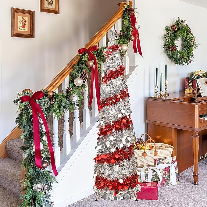 5FT Christmas Trees with 90 Lights, Collapsible Artificial Sequin Pop Up Christmas Tree, Tinsel Slim Pencil Christmas Tree for Home Holiday Fireplace Party Indoor Outdoor Xmas Decorations (Sliver&Red)