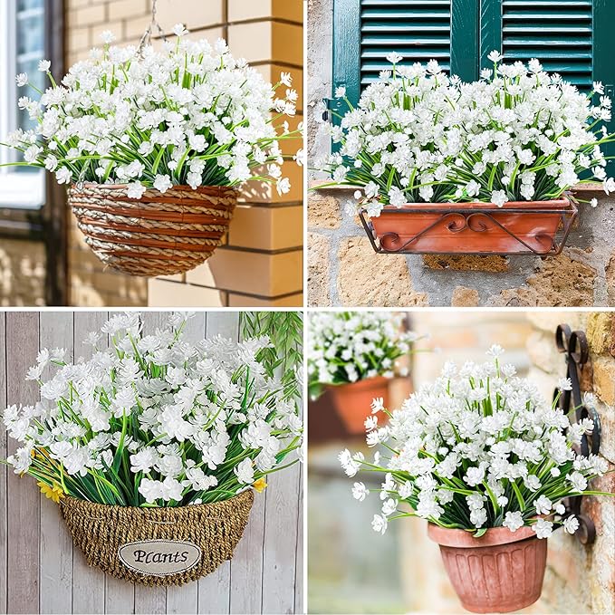 AmyHomie 20 Bundles Artificial Flowers for Outdoor Outside Spring Summer Decoration UV Resistant Faux Flowers No Fade Fake Plastic Plants Garden Porch Window Box Decorating (Pure White)