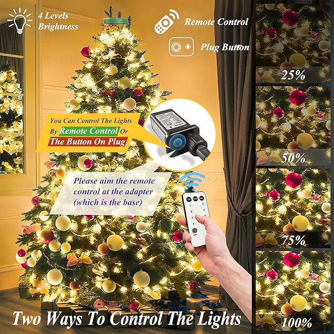 aneeway Christmas Tree Lights 480 LED, Christmas Lights with 8 Light Modes & Memory Function, 9.84FT x 16 String Lights with Timer Function & Remote Control for Christmas Decoration - Warm White