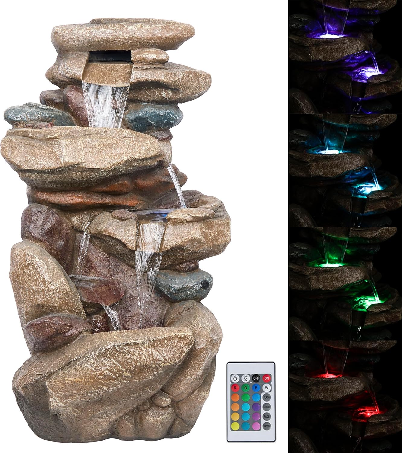 Alpine Corporation WIN315 40" Floor Fountain – Tiered Brown Rock Water Feature with Color-Changing LED & Remote – Cascading Streams for a Tranquil Garden, Patio, Yard, Deck, or Porch, Light Brown