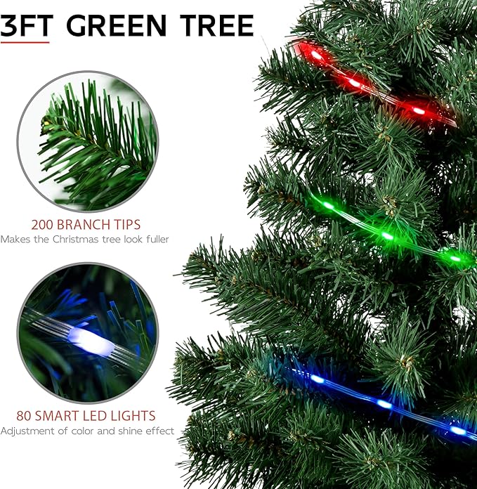Green 3ft Christmas Tree with Lights, Small 36inch Artificial Tree Mini Table Top Decorations, Xmas Desk Tree with 80 Colored Lights, 200 Branch, Holiday Decor for Home,Indoor Office Tabletop