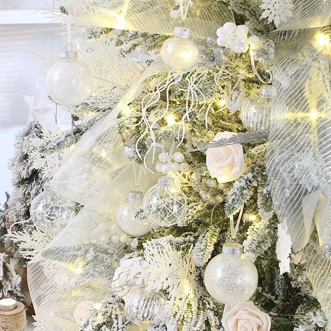 Sea Team Shatterproof Clear Plastic Christmas Ball Ornaments Decorative Xmas Balls Baubles Set with Stuffed Delicate Decorations (60mm/2.36 inch 30-Pack, White)