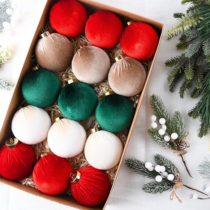 Velvet Christmas Balls Ornaments for Tree - 15pcs Shatterproof Christmas Ornaments for Xmas Trees Decorations - Multicolor Red Green Brown Beige, 80mm 3.15inch