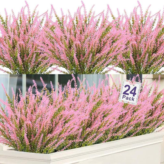 Ouddy Decor 24 Bundles Artificial Lavender Fake Flowers Faux Plastic Plants for Home Wedding Kitchen Garden Patio Window Box Office Table Centerpieces Indoor Outdoor Decor, Pink