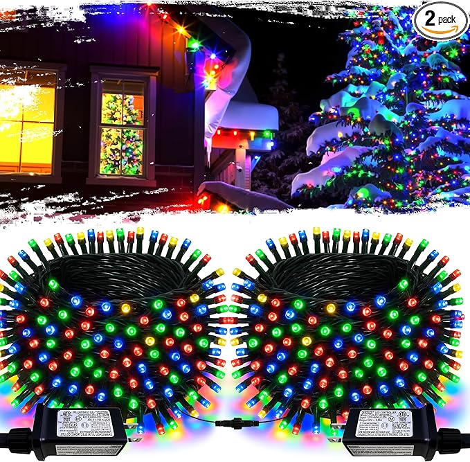 Christmas String Lights Outdoor & Indoor, 2Pack 600 LED Christmas Lights, 210ft Plug-in Twinkle Light Waterproof with 8 Modes for Christmas Tree Wedding Party Garden Patio Decorations(Multicolor)