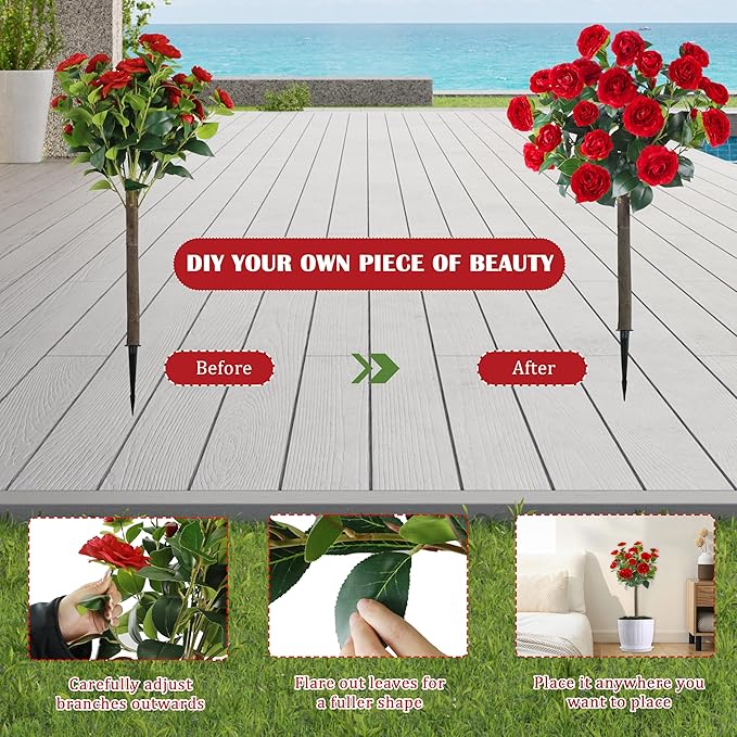 Sunnyglade 35.5" Set of 2 Artificial Camellia Tree, Faux Red Camellia Flowers Plant with Spike Fake Silk Flora Topiary Plants Tree for Indoor, Garden, Yard, Porch, Patio Decoration (Red)