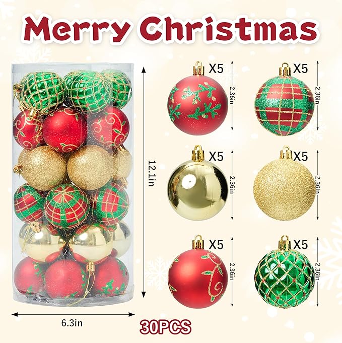 30-Pack Christmas Ball Ornaments for Tree,Shatterproof Plastic Holiday Baubles Set in Assorted Sizes and Finishes, Christmas Tree Decorations for Home, Office, Party, Indoor Outdoor Use