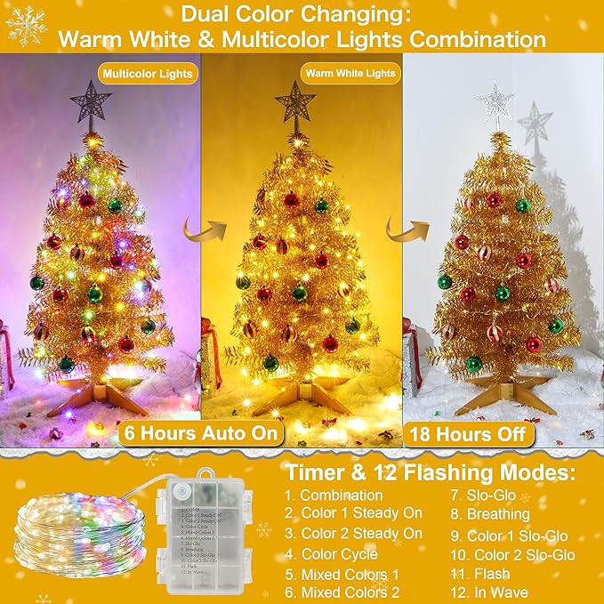 3 Ft Gold Tinsel Christmas Tree Dual Color Change 12 Modes Timer DIY 50 Warm White & Multicolor Lights Star 15 Ball Ornaments Small Artificial Full Xmas Tree Battery Operated Table Home Indoor