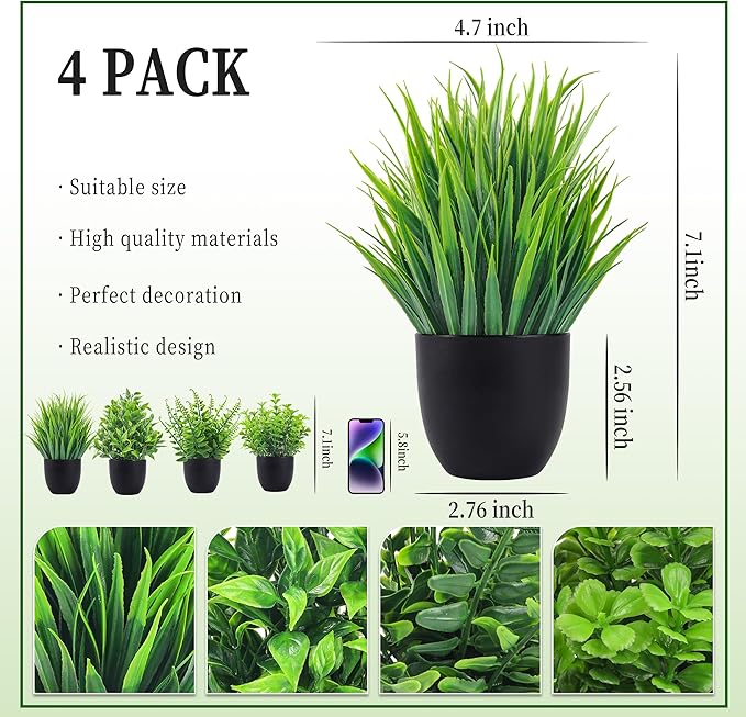 Der Rose Fake Plants 4 Packs Artificial Plants Small Faux Plants Black Bathroom Accessories for Halloween Bathroom Home Kitchen Coffee Table Office Desk Decor Indoor