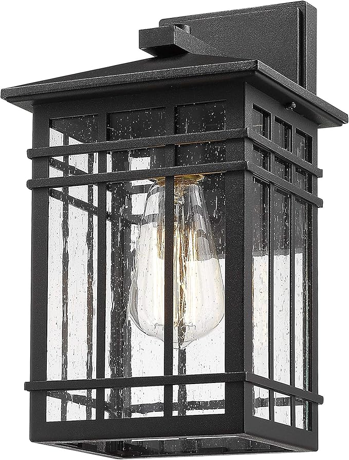 Outdoor Wall Lantern, Exterior Light Fixture Wall Mount, 1-Light Waterproof Outdoor Lighting Fixture with Seeded Glass for Porch, Garage, Patio, Hallway, Entryway, Black