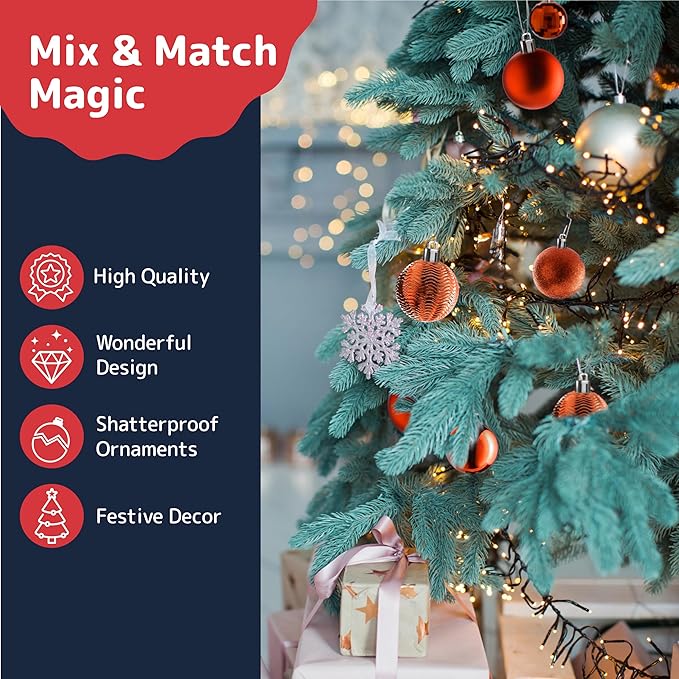 PREXTEX Christmas Tree Ornaments - Copper Orange Christmas Ball Ornaments Set for Christmas, Holiday, Wreath & Party Decorations (36 pcs - Small, Medium, Large) Shatterproof, 3 Size Combo