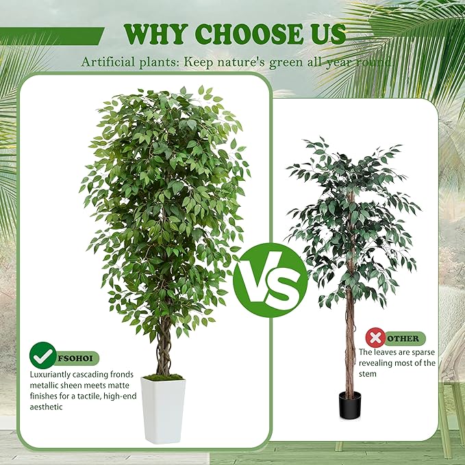 Artificial Ficus Tree 5FT Faux Plants Indoor Tall Fake Plants with White Tall Planter, Green Lifelike Lush Fake Ficus Tree for Home Living Room Bedroom Outdoor Balcony House Office Decor
