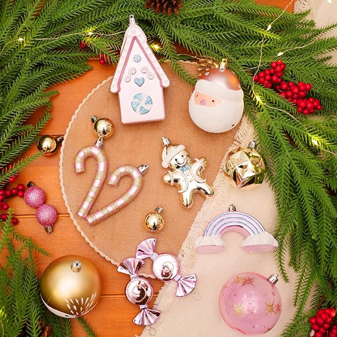 Alupssuc 65pcs Christmas Balls Ornaments Set, Shatterproof Plastic Baubles Gold Gingerbread House, and Tree Topper for Xmas Tree Holiday Wedding Party Decorations with Hanging Strings, Macaron Pink