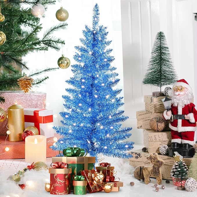 4ft Artificial Full Blue Christmas Tree with Separate Lights, Not Pre-lit Mini Blue Tinsel Pine Christmas Tree, 50 Lights, Small Xmas Tree for Home, Office, Party Decoration, Indoor
