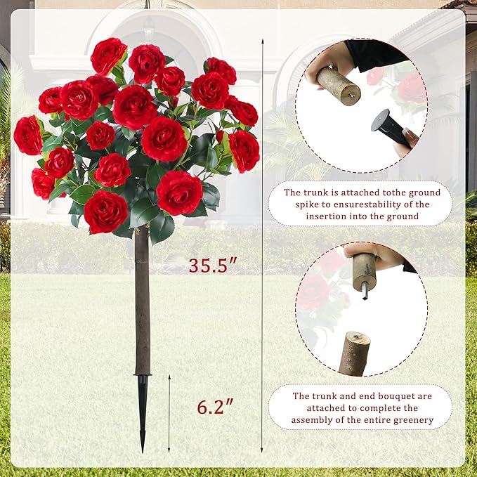 Sunnyglade 35.5" Set of 2 Artificial Camellia Tree, Faux Red Camellia Flowers Plant with Spike Fake Silk Flora Topiary Plants Tree for Indoor, Garden, Yard, Porch, Patio Decoration (Red)