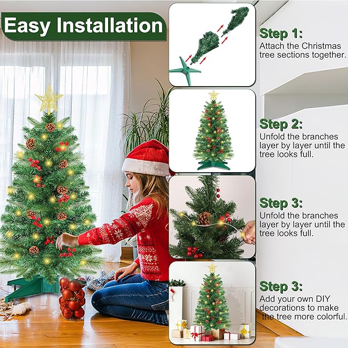 3 Ft Green Christmas Tree with Lights, Timer 8 Modes DIY 50 Warm White Lights Battery Operated Small Artifical Full Xmas Tree Pine Needles Cones Red Berry for Tabletop Home Indoor Holiday Party Decor