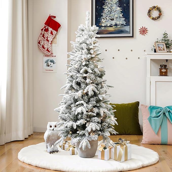 LuxenHome 5FT Small Potted Christmas Tree, Prelit Flocked Christmas Tree with Pot, Artificial Xmas Trees with 100 LED Lights, Lighted Pine Trees for Indoor, Outdoor Holiday Display