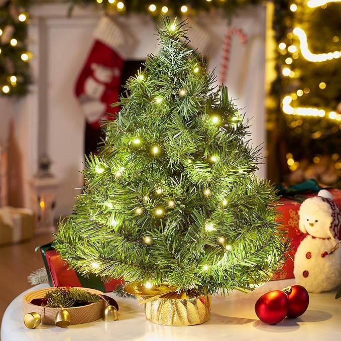 JOIEDOMI 24"/2FT Small Tabletop Christmas Tree with LED Warm Lights, Table Top Christmas Decorations Pre-lit Artificial Xmas Tree, Green Mini Tree for Christmas Decorations Indoor Xmas Party Décor