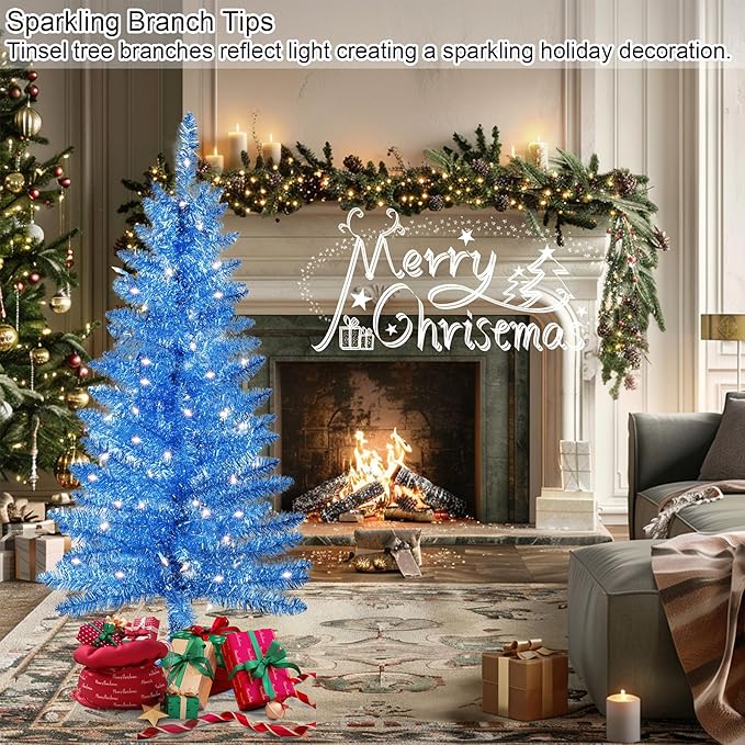 4ft Artificial Full Blue Christmas Tree with Separate Lights, Not Pre-lit Mini Blue Tinsel Pine Christmas Tree, 50 Lights, Small Xmas Tree for Home, Office, Party Decoration, Indoor