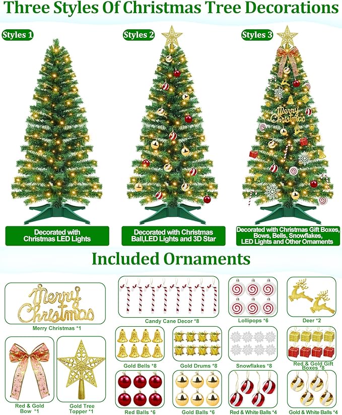 [ 71 Ornaments ] 4 Ft Artificial Christmas Tree with 100 Warm White Light 3D Star Merry Christmas Sign Ball Bow Deer Snowflake Gift Box Timer Battery Operated Xmas Tree for Indoor Home Decoration