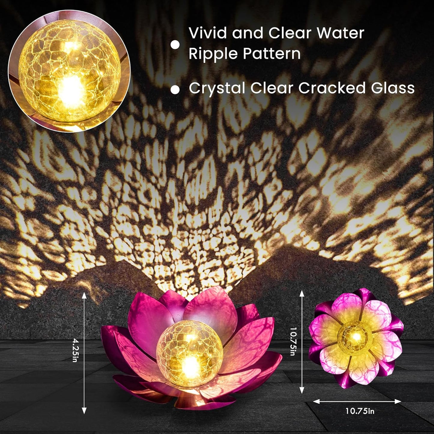 HPC Decor Solar Lights Outdoor Garden Decor - Art Crackle Globe Glass Lotus Decoration, Waterproof LED Metal Flower Lights for Outdoor Decor on Patio,Lawn,Walkway,Table,Perfect Gifts (Purple 11in)