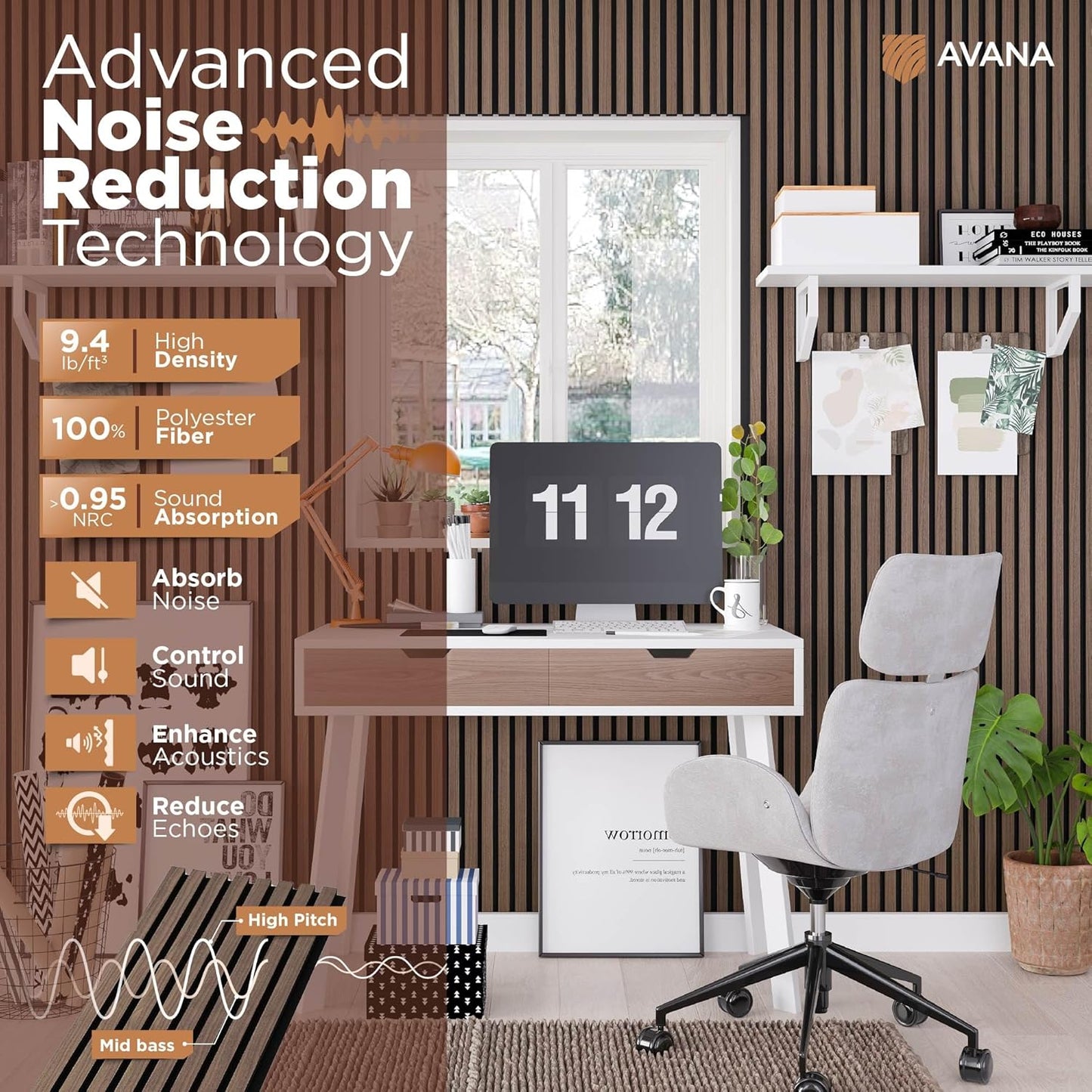 Avana Modern Acoustic Wood Wall Panels – 94.4 x 12.6 Inch Walnut Acoustic Panels 1 PC – Wall Panels For Interior Wall Decor For Homes, Offices, Studios – Sturdy & Durable Wood Panels For Wall