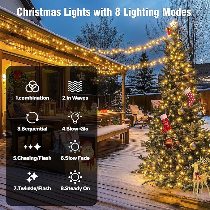 Connectable Christmas String Lights 66FT 200 LED 8 Modes with Timer Decorative String Lights for Xmas Tree Patio Party Warm White
