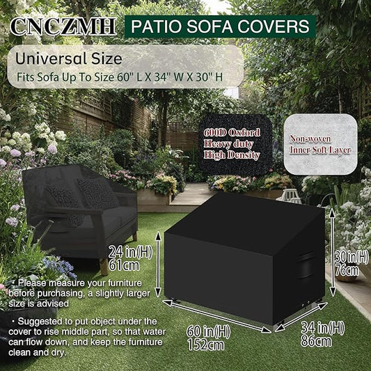 Heavy Duty Patio Sofa Covers Waterproof, Outdoor 3-Seater Couch Cover Waterproof, 600D Outdoor 2-Seater Loveseat Furniture Covers with Air Vent Handle 60''W x 34''D x 24''H/ 30''H Black