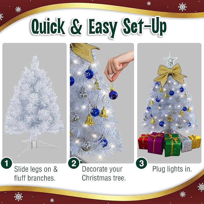 Small White Christmas Tree with Lights - 23 Inch Mini Tabletop Christmas Tree with Warm-White LED Lights, Hanging Ornaments, Decorative Bow and Gift Boxes - Table Tree for DIY Christmas Decoration