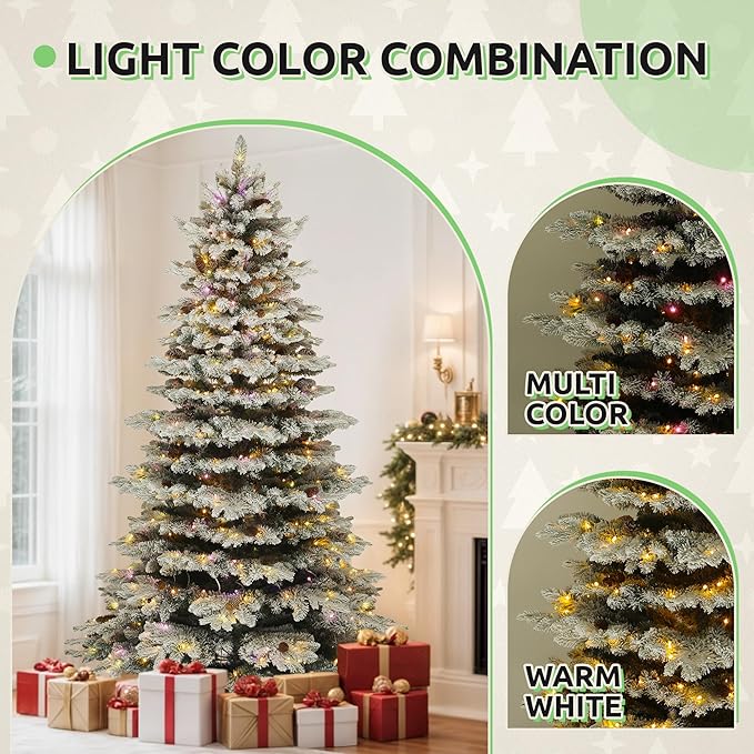 GOOBED 7.5FT Pre-Lit Flocked Spruce Christmas Tree with 550 Lights & 1278 Tips, Pre-Decorated Mountain Pine Layered Spruce Christmas Tree w/Remote, 11 Modes & 3 Timers for Home, Porch & Holiday Decor