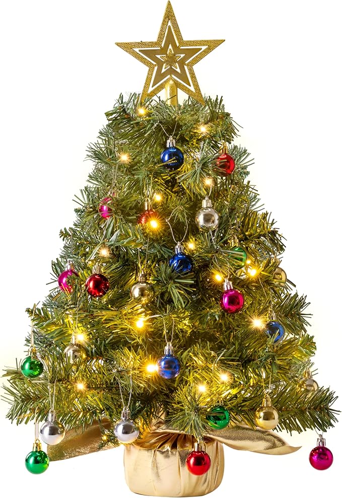 JOIEDOMI 24"/2FT Small Tabletop Christmas Tree with Lights with Star Treetop and Hanging Ornaments, Pre-lit Artificial Christmas Green LED Mini Tabletop Tree for Xmas Decorations Indoor Outdoor
