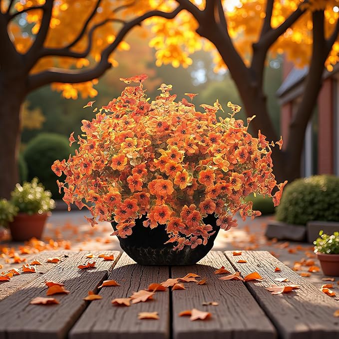 Artificial Fall Flowers Fake mums for Outdoors - UV Resistant & Fade-Resistant Fake Flowers, 10 Bundles Orange Yellow Waterproof Faux Flowers for Garden, Yard, Patio, Wedding & Fall Decor