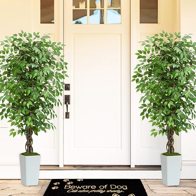 Artificial Ficus Tree 5FT Faux Plants Indoor Tall Fake Plants with White Tall Planter, Green Lifelike Lush Fake Ficus Tree for Home Living Room Bedroom Outdoor Balcony House Office Decor