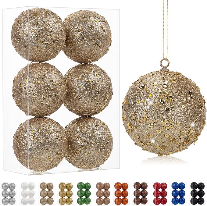 4" Large Christmas Balls Ornaments 6 Pcs Shatterproof Big Champagne Christmas Ornaments for Tree Glitter Big Xmas Tree Ornament for Xmas Halloween Holiday Wedding Party Decoration