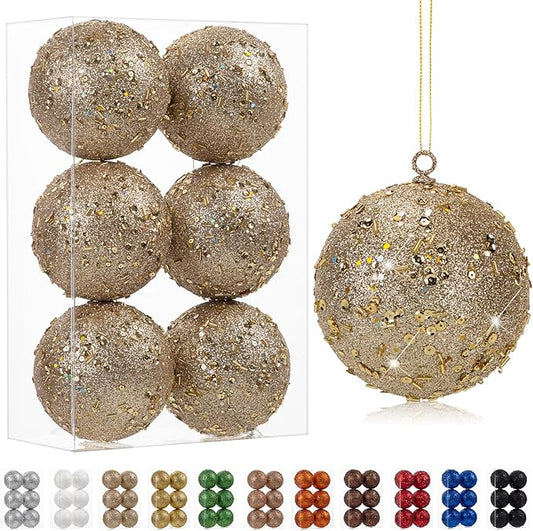 4" Large Christmas Balls Ornaments 6 Pcs Shatterproof Big Champagne Christmas Ornaments for Tree Glitter Big Xmas Tree Ornament for Xmas Halloween Holiday Wedding Party Decoration