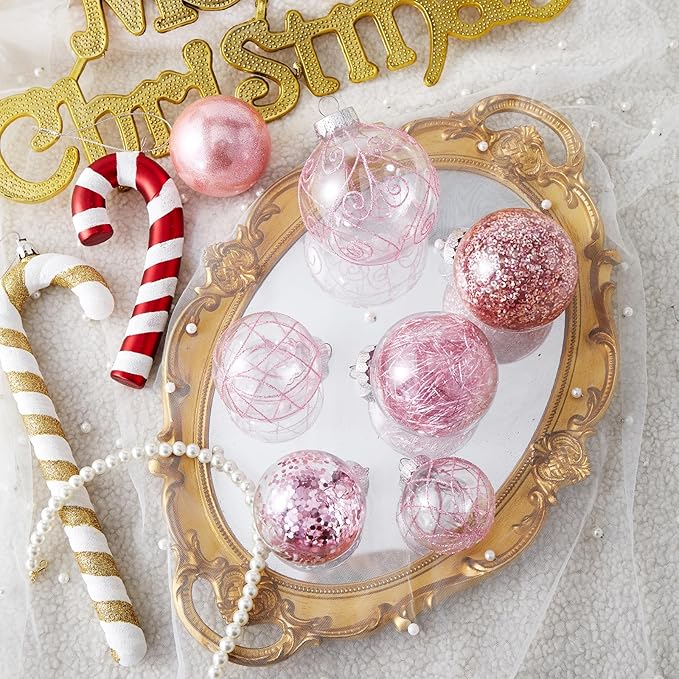 Wironlst Christmas Ball Ornaments Shatterproof Clear Large Plastic Hanging Ball Decorative Baubles Set with Stuffed Delicate Decorations (Multi-Size, Pink)
