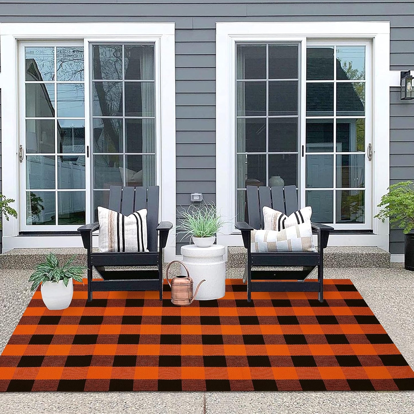 IOHOUZE Fall Buffalo Plaid Check Rug Outdoor Doormat 4x6 Ft Washable Woven Outdoor Indoor Welcome Mats for Front Door/Farmhouse/Entryway/Home Entrance Black and Orange Outdoor Rug
