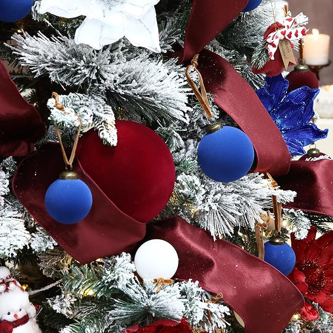 Sea Team 4-Pack Large Flocked Velvet Christmas Tree Ball Ornaments Set, Hanging Velour Baubles, Shatterproof Plastic Decorations for Xmas Tree, Wreath, Garland, 150mm/5.91 Inches, Burgundy