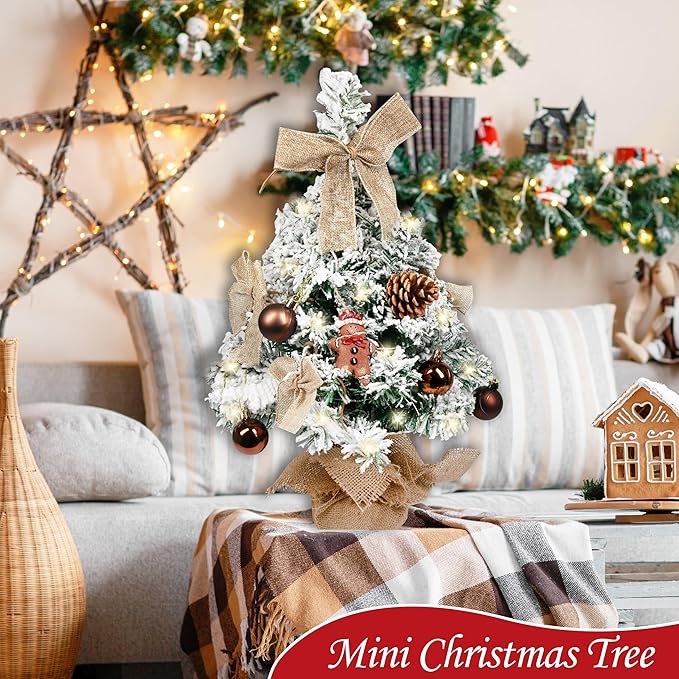 Sunnyglade Mini Christmas Tree, 24 Inch/2 FT Lighted Tabletop Artificial Xmas Tree with Music Box, Gingerbread Man Tag and Decor Ball, DIY Small Tree with LED for Holiday Home Party Decor