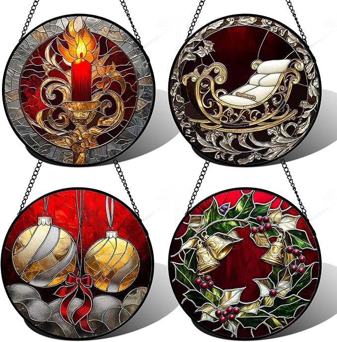 Stained Glass Window Hanging 4 Pcs Set Christmas Golden Bell Sleigh Large 15" - Suncatcher Door Garden Sun Catcher Decor Birthday Mother's Day Xmas Gifts for Mom Woman Nana Men Parents