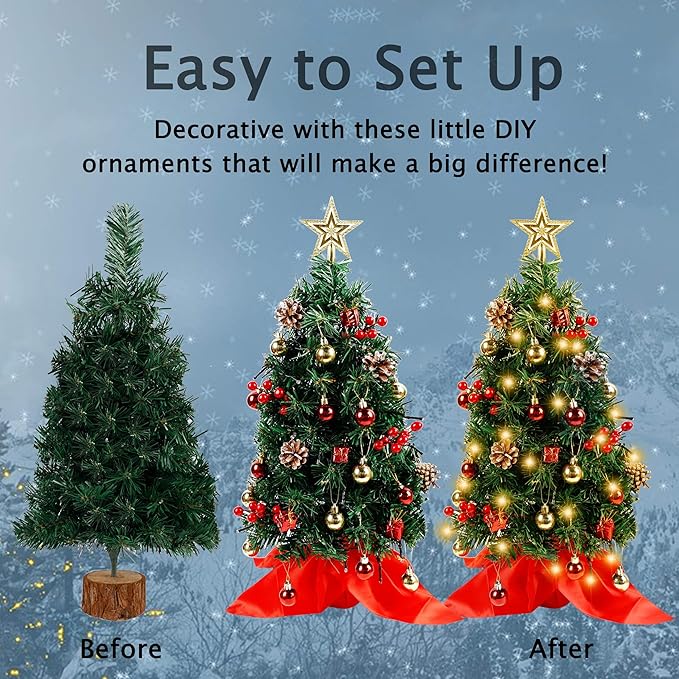 Blissun 2Ft Mini Christmas Tree, Artificial Christmas Pine Trees, Tabletop Xmas Tree, Mini Christmas Pine Tree with LED Lights, Star Tree Topper and Christmas Ornaments for Christmas Table Decorations