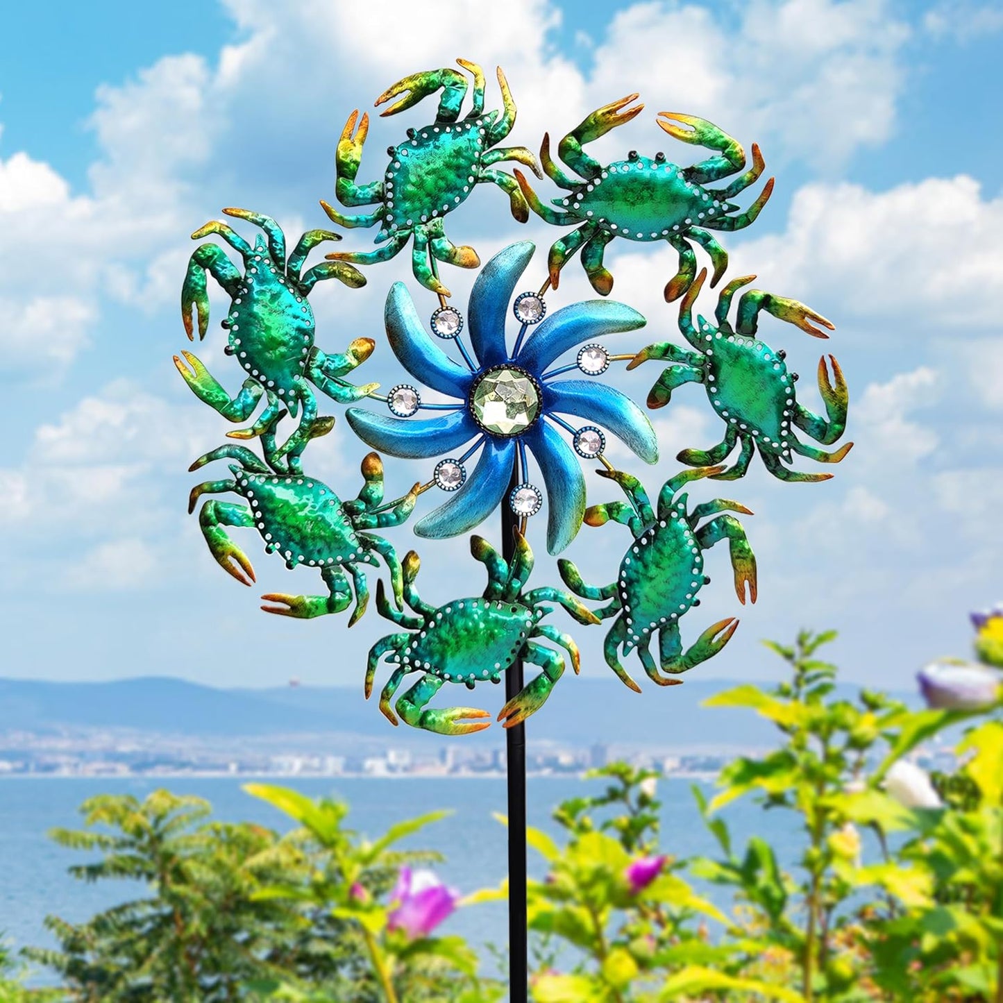 39" Crab Wind Spinners Metal Windmill Garden Stake,Ocean Theme Outdoor Wind Spinner,Wind Sculptures Yard Art Decorations for Patio,Lawn & Garden Decor