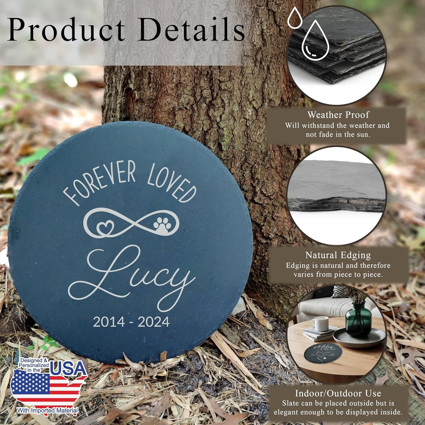 Personalized Pet Memorial Stone for Dogs and Cats | Custom Laser-Etched Weatherproof Garden Grave Marker | Natural Stone Bereavement Headstone Sympathy Gift | 4, 6, 10, or 12 Inch Heart or Circle Shape (A13)