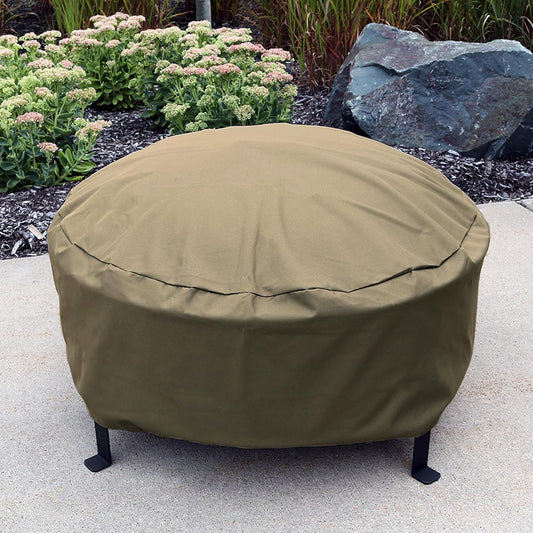 Sunnydaze Round Outdoor Fire Pit Cover - Heavy-Duty 300D Polyester and PVC with Drawstring Closure - Khaki - 40-Inch