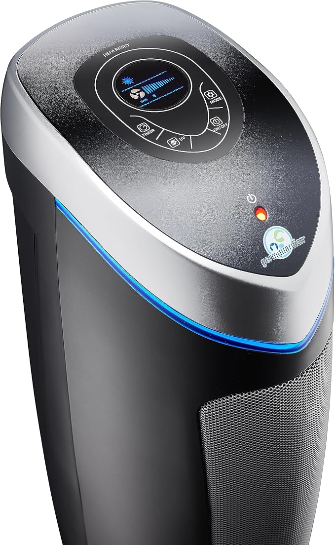 GermGuardian 5-In-1 HEPA Air Purifier for Home, Large Rooms Up To 915 Sq. Ft. with HEPA Pet Air Filter, UV-C Light & Odor Reduction, AC5250PT, 28" Tower, Gray