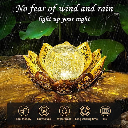 GIGALUMI Solar Lights Outdoor Garden Decor, Adjustable Metal Petal Lotus Flower Lights Crackle Globe Glass Lantern Outdoor Table Decor Waterproof for Patio, Lawn, Pathway, Pond, Christmas Gift