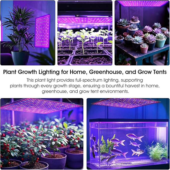 LED Grow Light Panel 600W Lamp for Indoor Plants, Full Spectrum with White Blue Red UV IR LEDs for 3x3ft Coverage Grow Tent Greenhouse Veg and Bloom Seedlings Hydroponics Timer Brightness