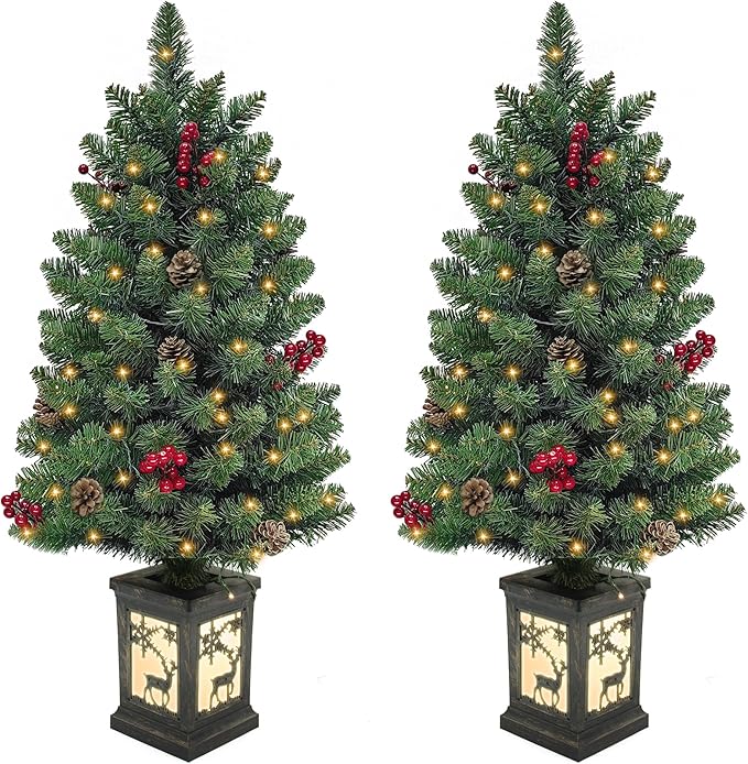 3ft Prelit Christmas Tree Set of 2 with 78 Warm Lights Red Berry Pine Cone, Mini Potted Christmas Tree with Vintage Elk Light Potted Base,Tabletop Small Xmas Tree Decor for Porch, Fireplace, Entrance
