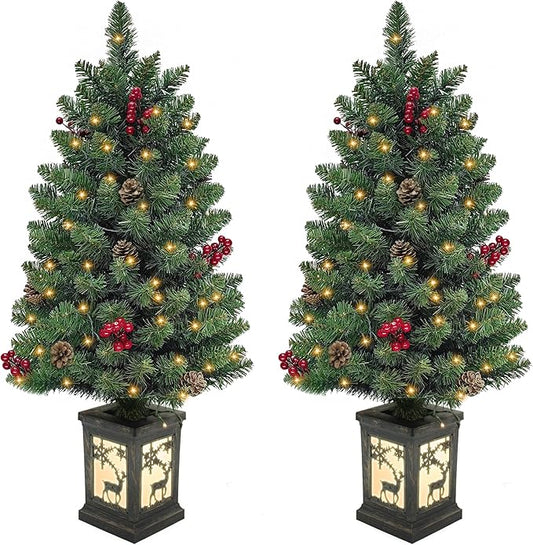 3ft Prelit Christmas Tree Set of 2 with 78 Warm Lights Red Berry Pine Cone, Mini Potted Christmas Tree with Vintage Elk Light Potted Base,Tabletop Small Xmas Tree Decor for Porch, Fireplace, Entrance